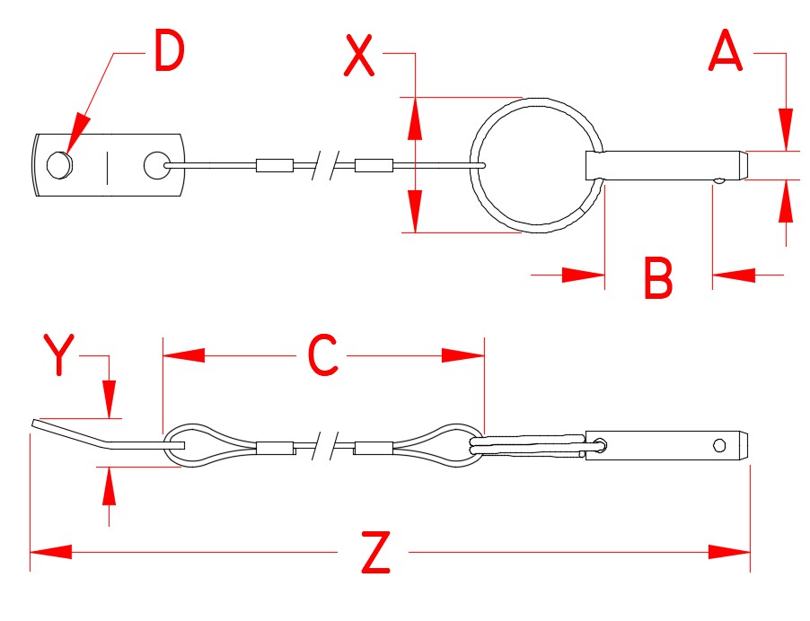 Stainless Steel Lanyard with Pin, Railing and Bimini, S3685-0000, Line Drawing